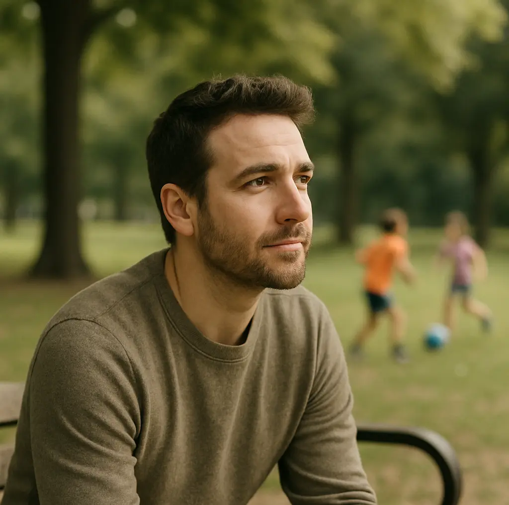 A man in his 30s sitting on a bench in a park with a contemplating look on his face. In the background, further away there are children playing.